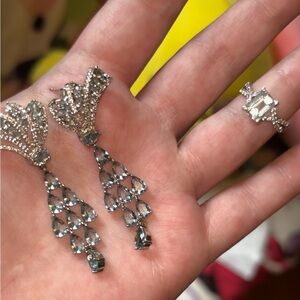 !!set!! 9.18CT Aquamarine With 8.01ct White CZ Chandelier Earrings w/ 925 ring💍